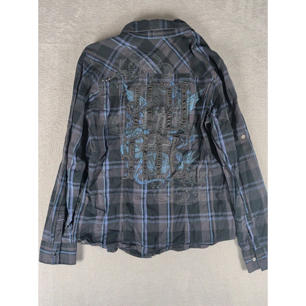 Harley Davidson Pearl Snap Button Down Shirt Women’s Larg Plaid Embroidered HDMC